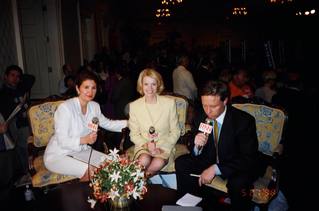 Interviewing former Lieutenant Governor of New York Betsy McCaughey at the Democratic State Convention in NYC, 1998. Seated next to McCaughey is RNN Talk Show Host Richard French. He and I provided live convention coverage together throughout this event.